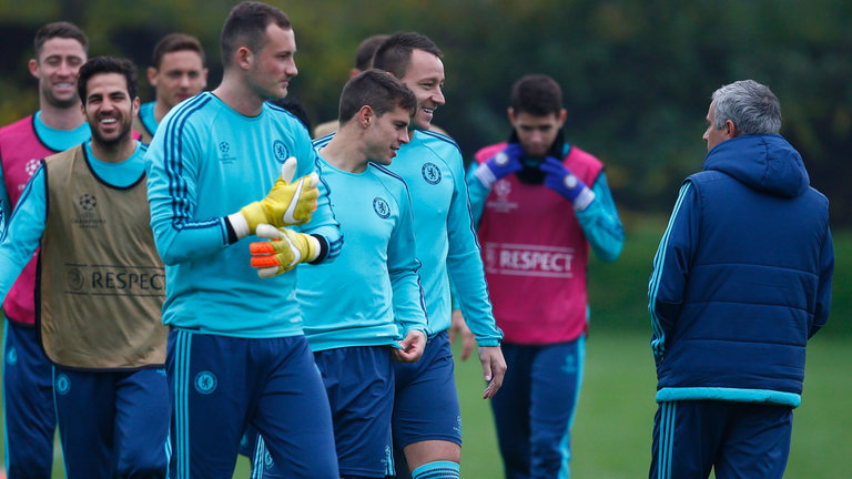 Jose Mourinho with Chelsea players during training