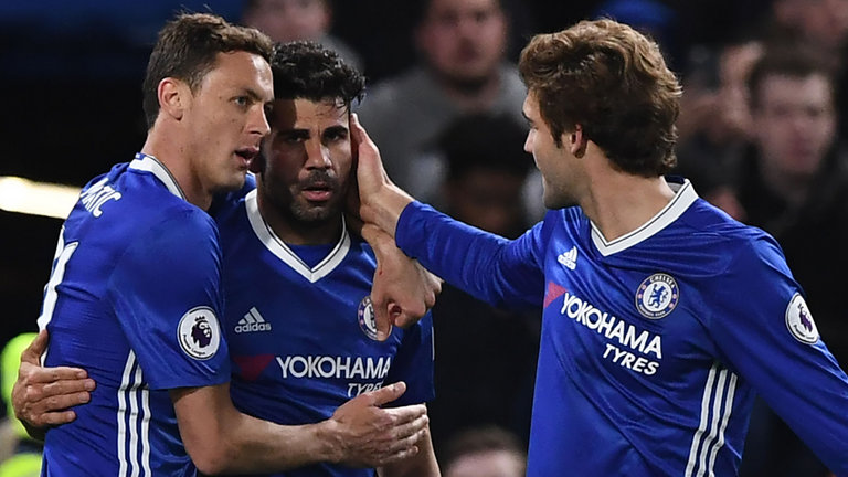 Nemanja Matic and Diego Costa with Marco Alonso