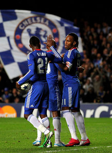 Salomon Kalou and Didier Drogba celebrate Drogba's goal