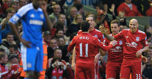 Liverpool celebrate Shelvey's goal