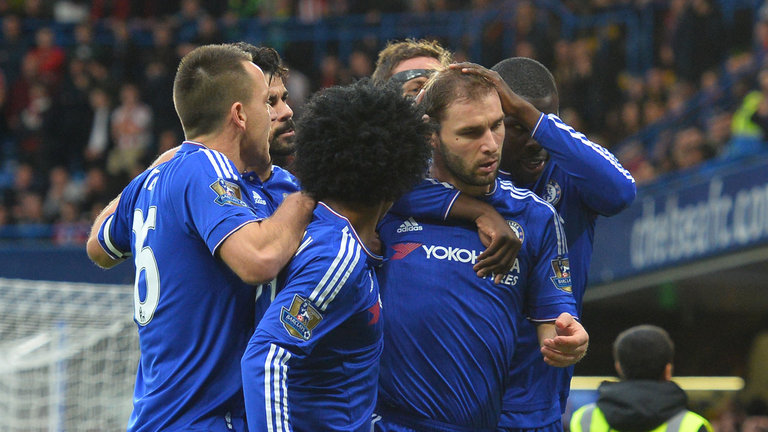 Branislav Ivanovic gets congratulations for Chelsea players