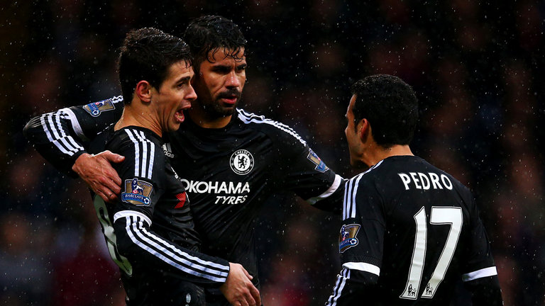 Oscar, Diego Costa and Pedro celebrate Oscar's goal