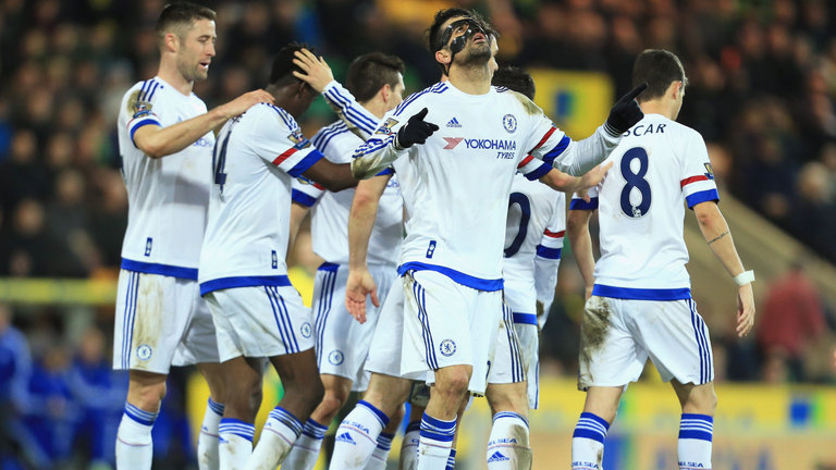 Diego Costa celebrates his goal against Norwich City