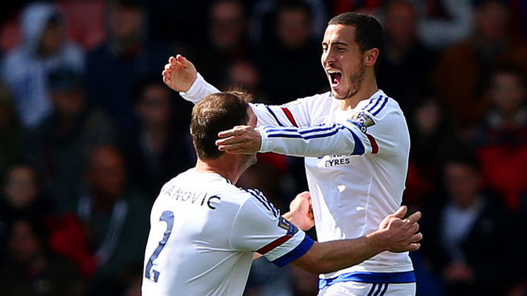 Eden Hazard celebrates his first goal with Branislav Ivanovic