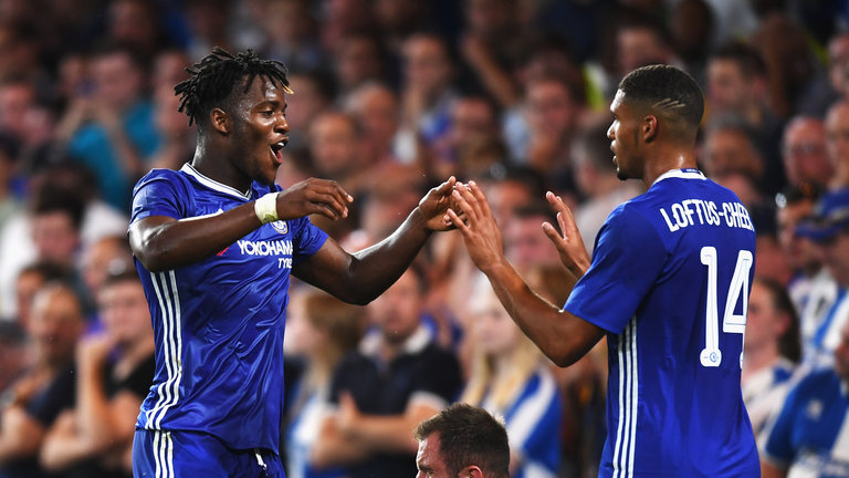Michy Batshuayi celebrates his second goal with Ruben Loftus-Cheek
